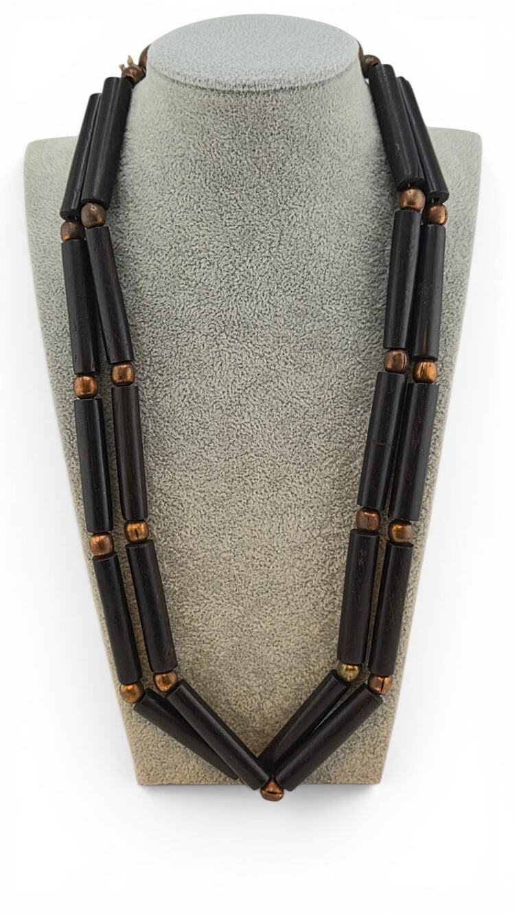 Vintage Double Strand Black Tube Bead Necklace Copper Tone Boho Tribal 25 In